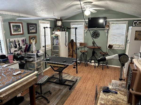 Inside Duffy's grooming room with hydraulic grooming table, dryer, and tools